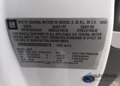 2010 Chevrolet Hhr Lt z USA, uszkodzony, nr VIN 3GNBABDB3AS539615